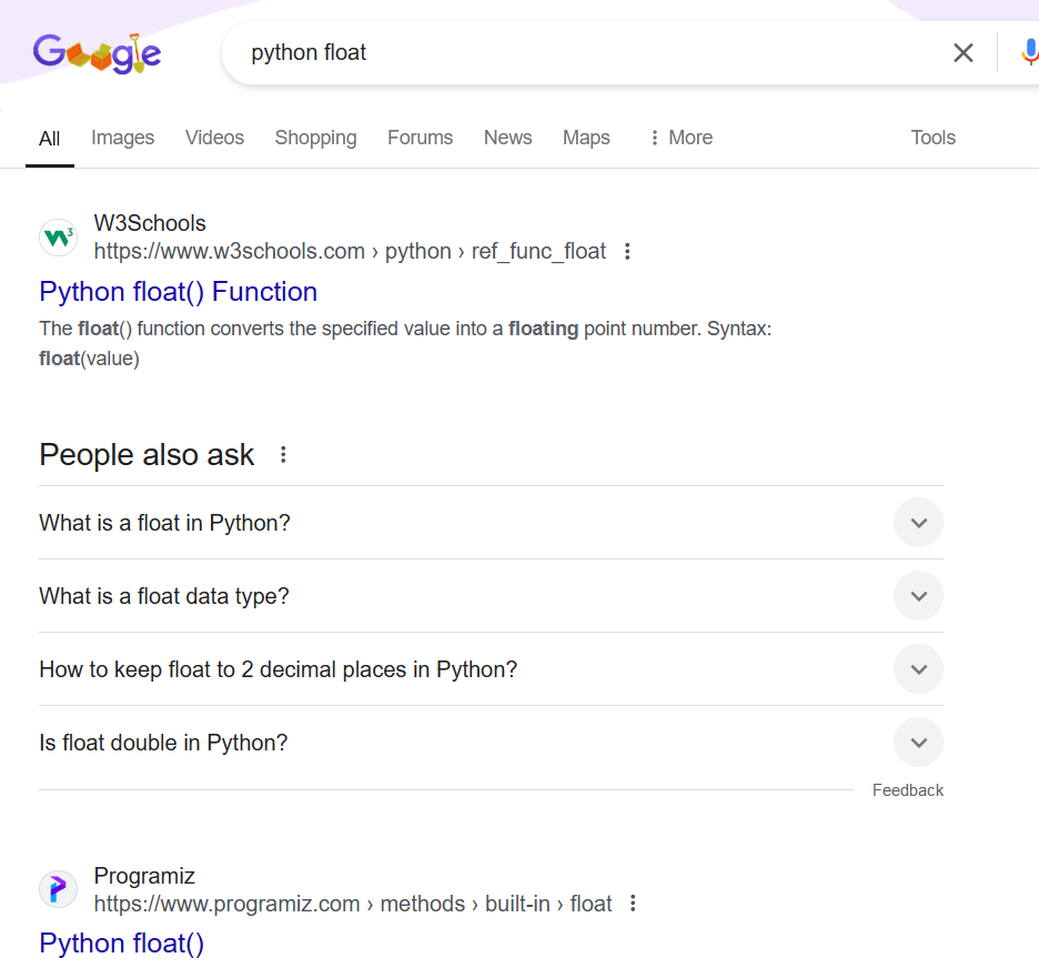 google search for "python float"