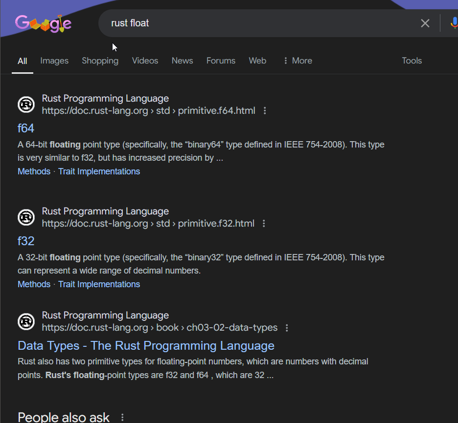 google search for "rust float"